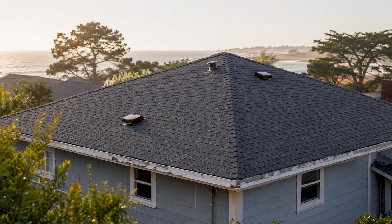 Coastal home with hip roof in afternoon light