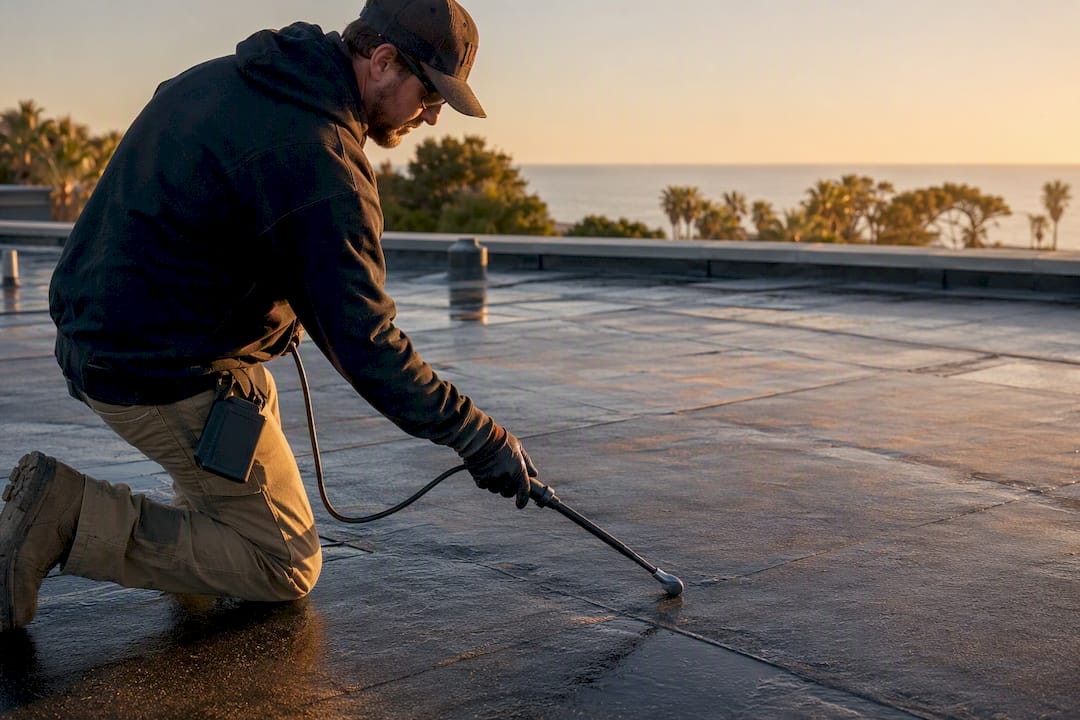 Technician using electronic leak detection wand on flat roof