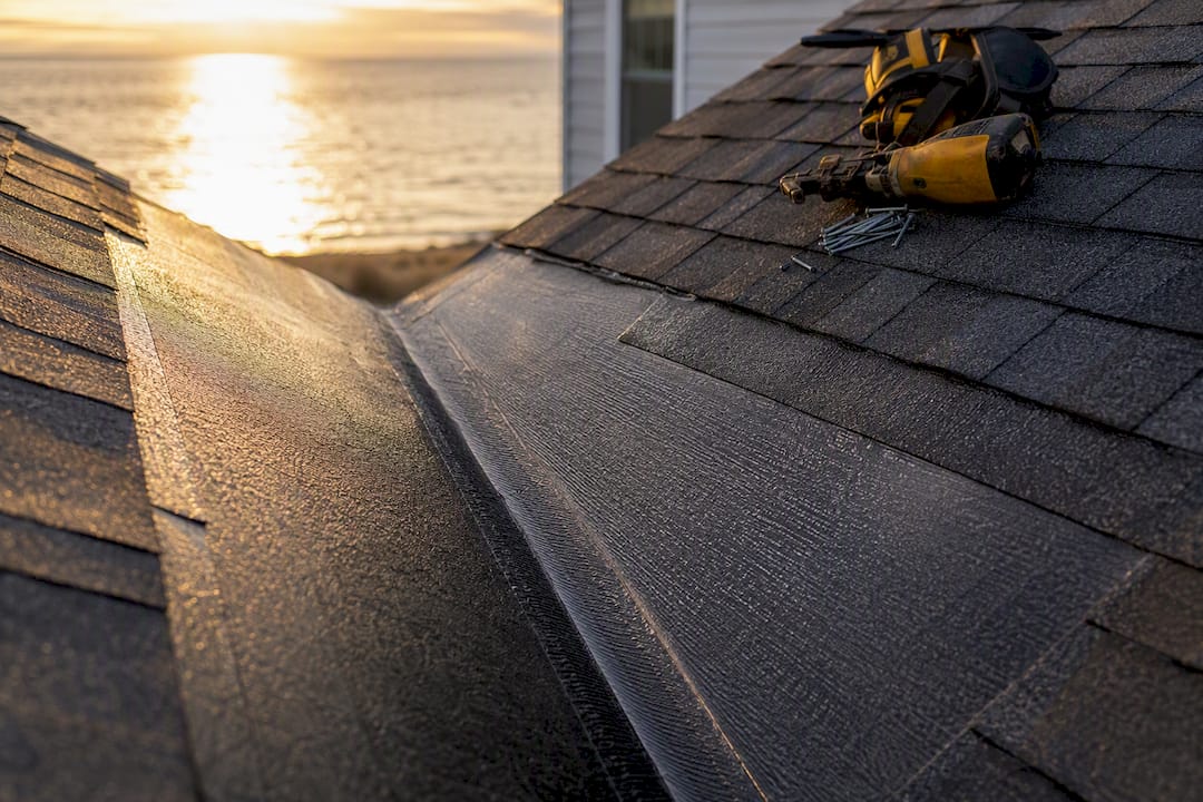 Close-up of ice shield membrane in roof valley