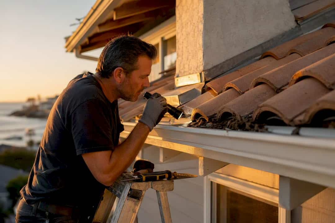 Homeowner inspecting roof edge on ladder