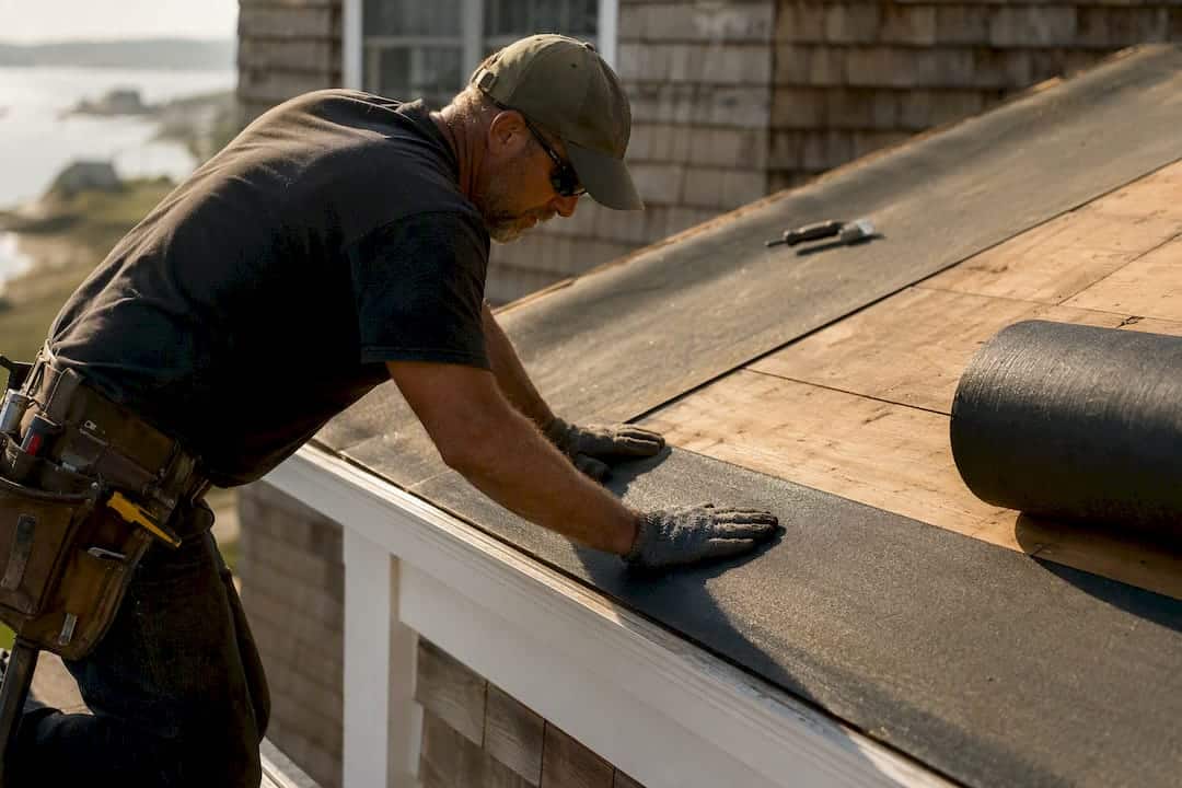 Roofer applying ice shield membrane on roof edge