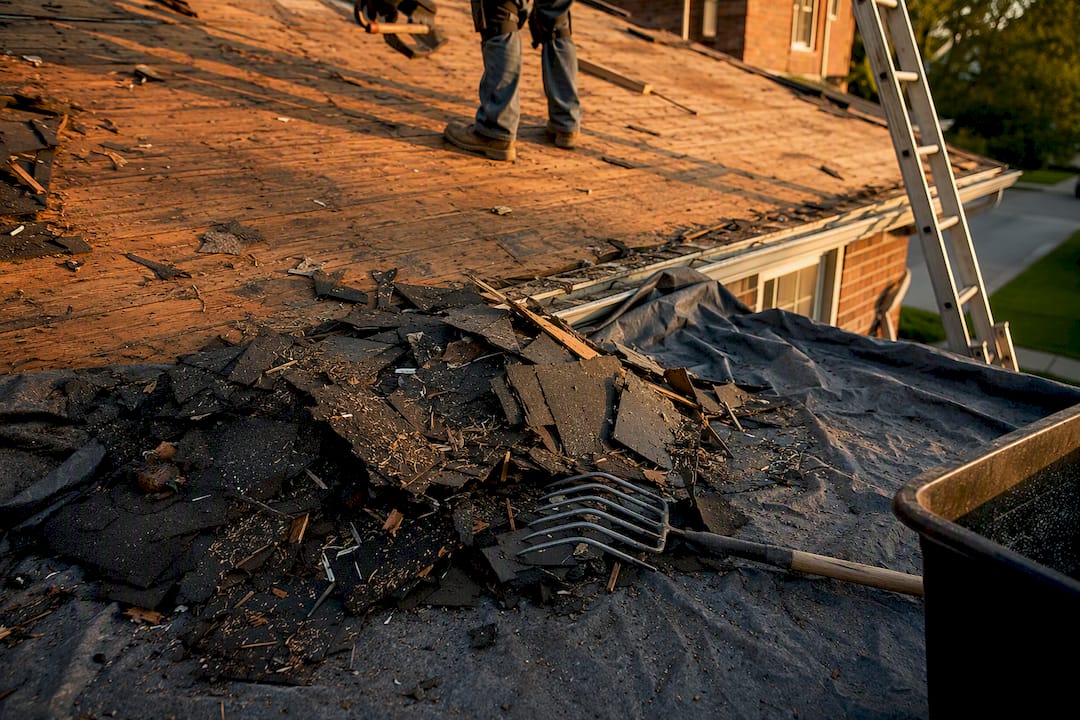 Tear-off debris and roof decking close-up