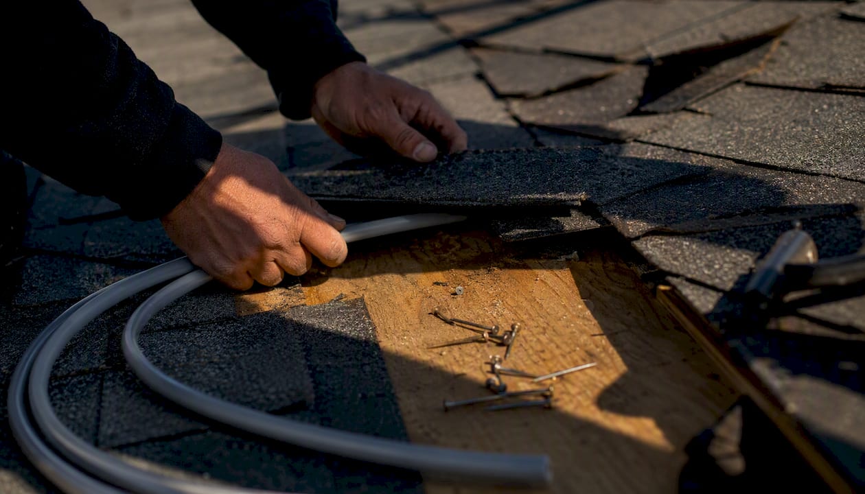Hands installing conduit chases on roof