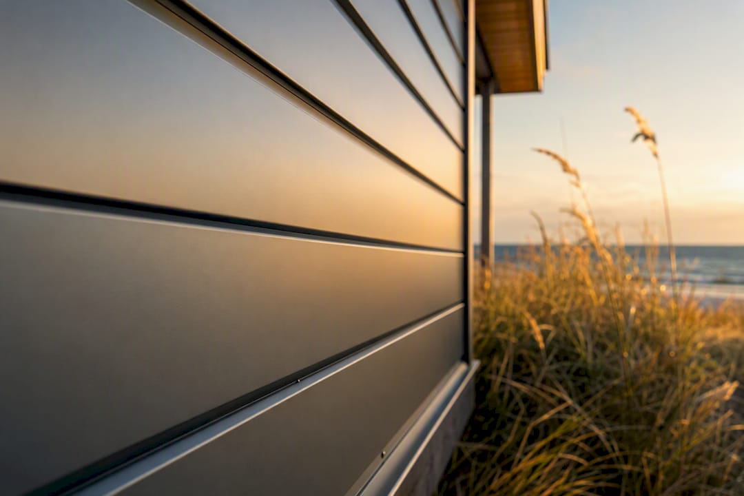 Coated metal siding panels on coastal home exterior