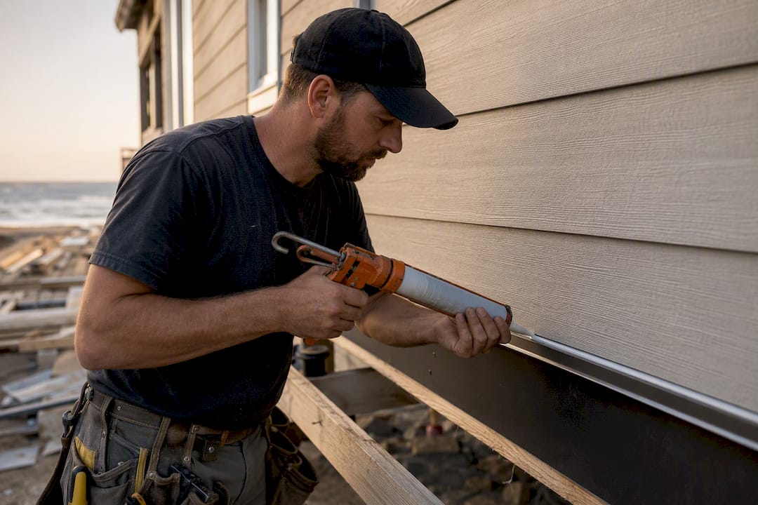 Hands sealing fiber cement siding edge during coastal install