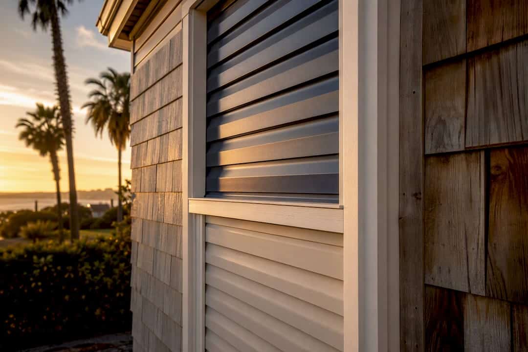 Close-up of diverse coastal siding materials on house exterior