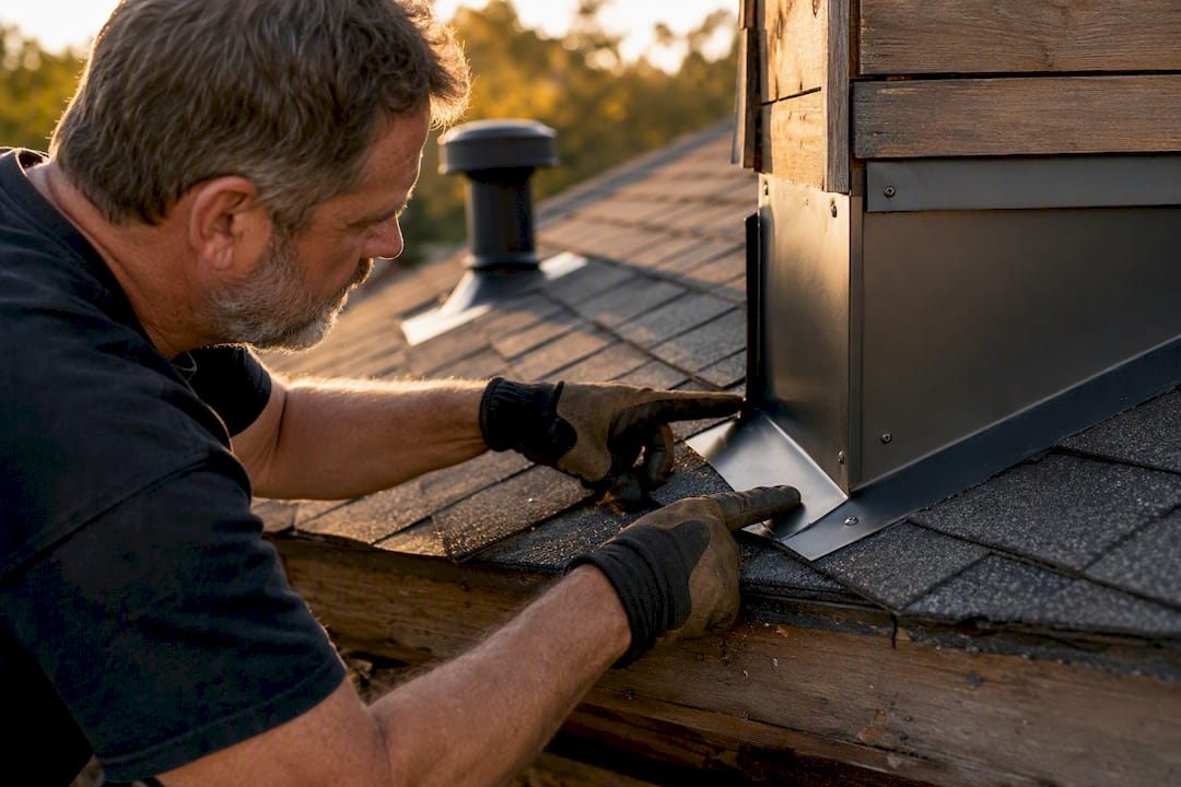 Roofer inspecting roof flashing and fastening