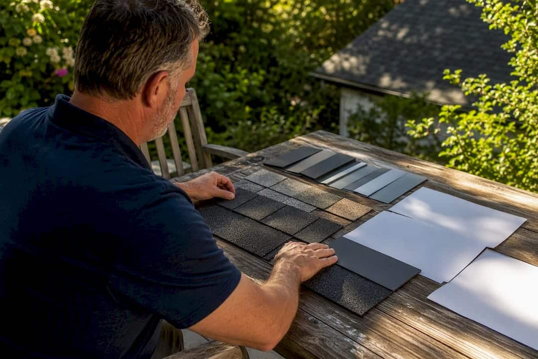Hands organizing roof warranty papers and samples