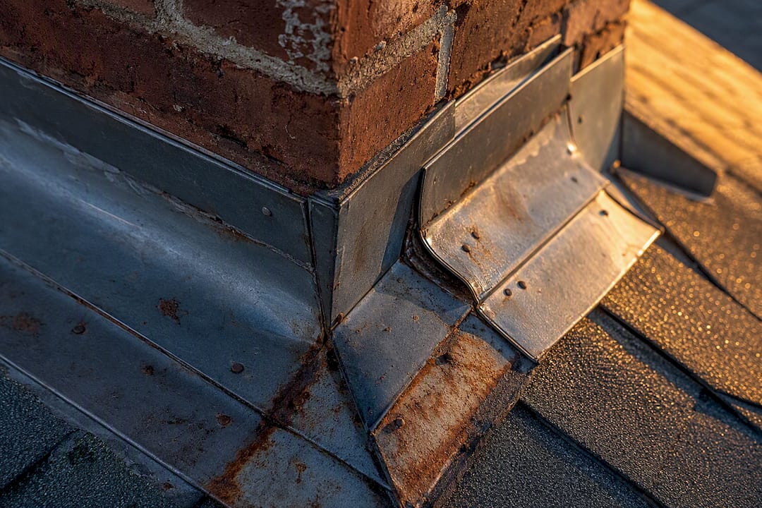 Close-up of metal chimney flashing detail