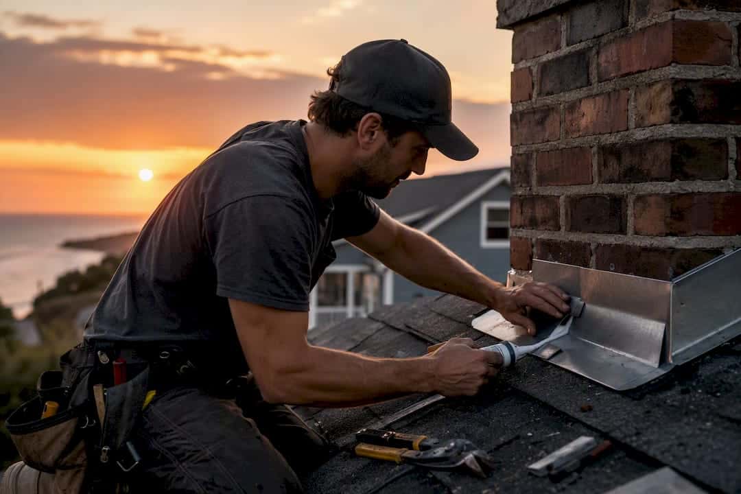 Roofer repairing chimney flashing on roof