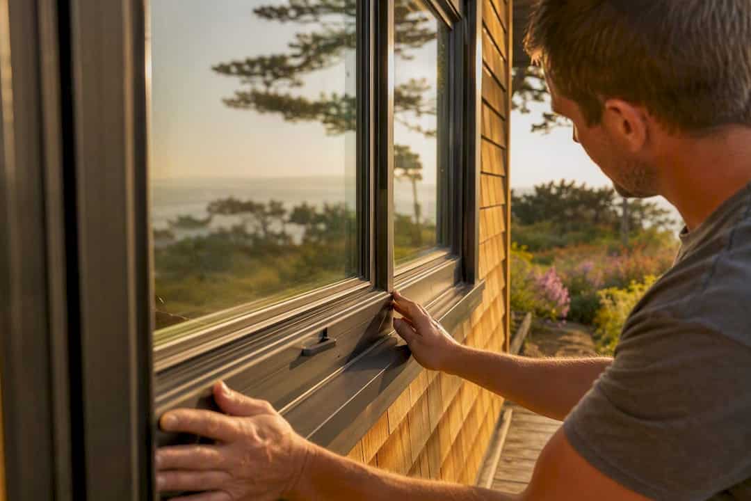 Hands inspecting new energy-efficient window