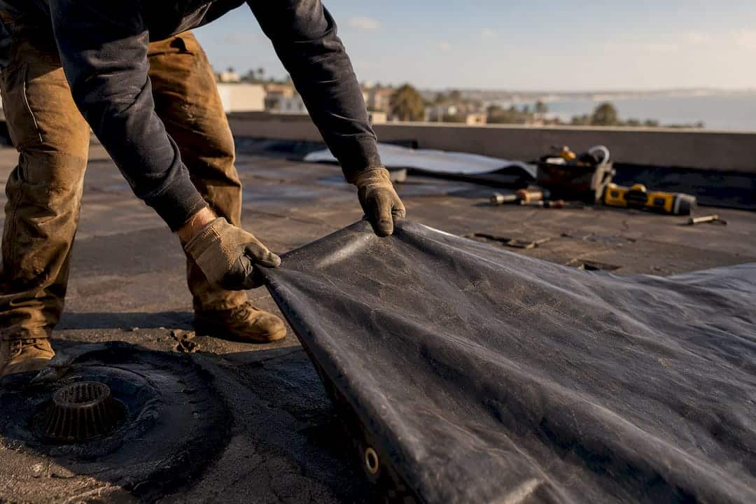 Roofer covering roof damage with tarp
