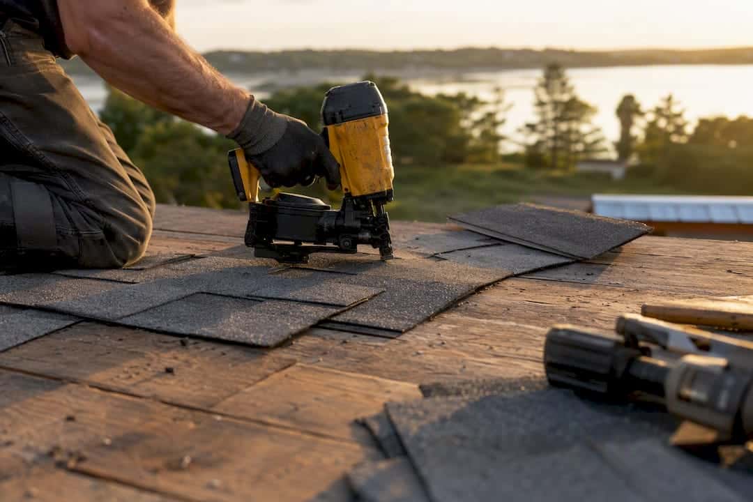 Close-up of hand nailing shingles on roof
