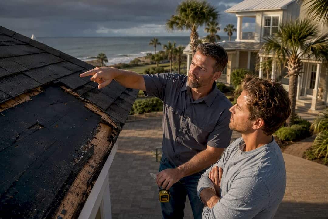 Contractor and homeowner inspecting storm-damaged roof