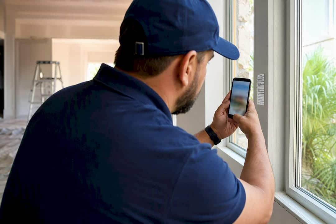 Homeowner photographing window certification label