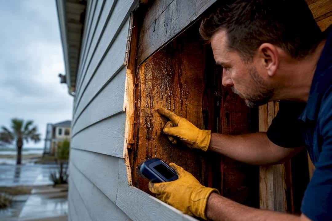 Moisture visible behind a siding section