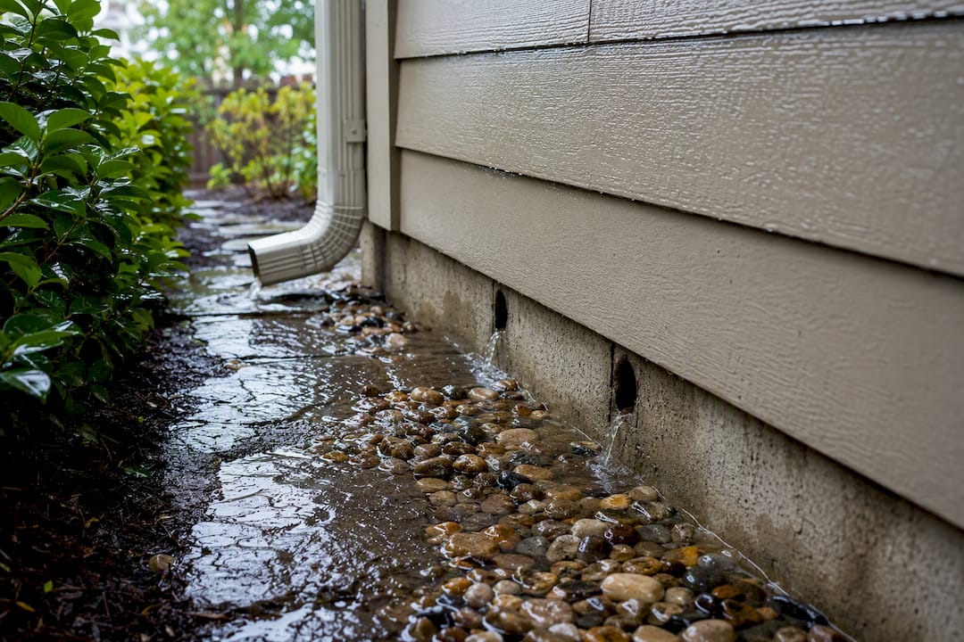 Gutter outlet and siding weep path after rain