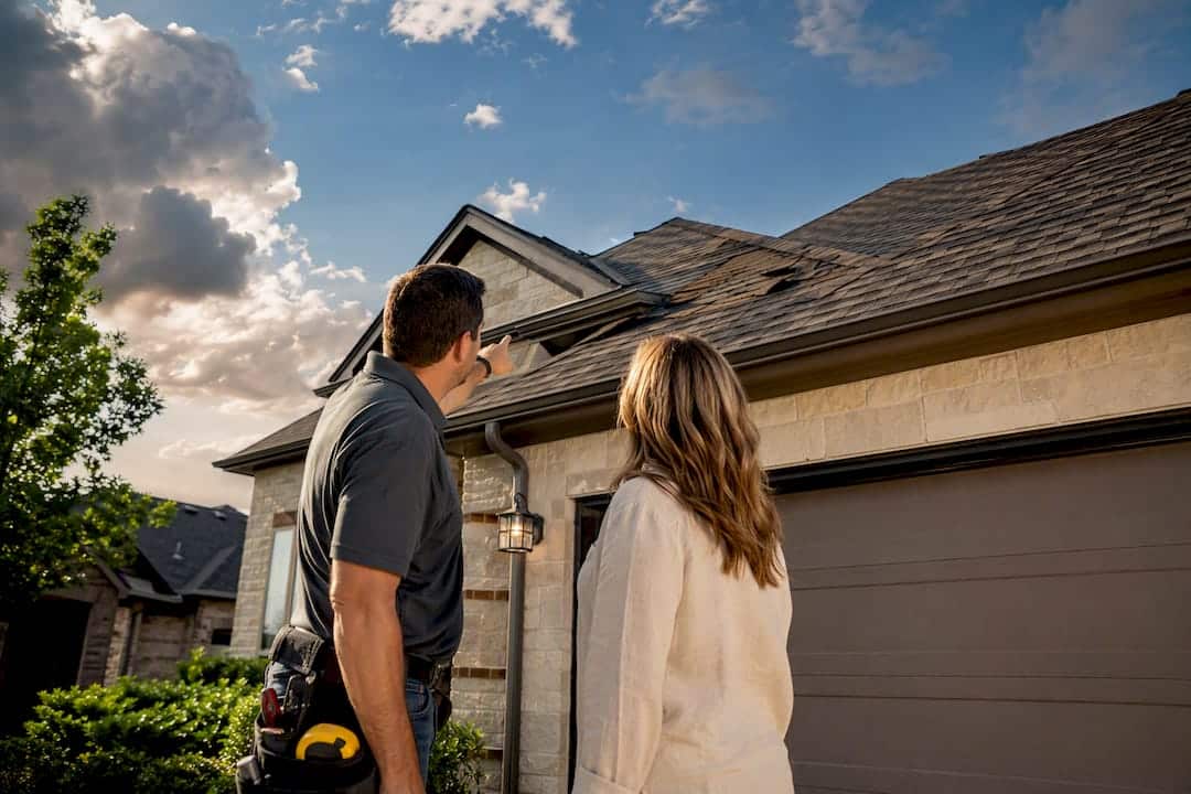 Homeowner and roofer inspecting storm damage