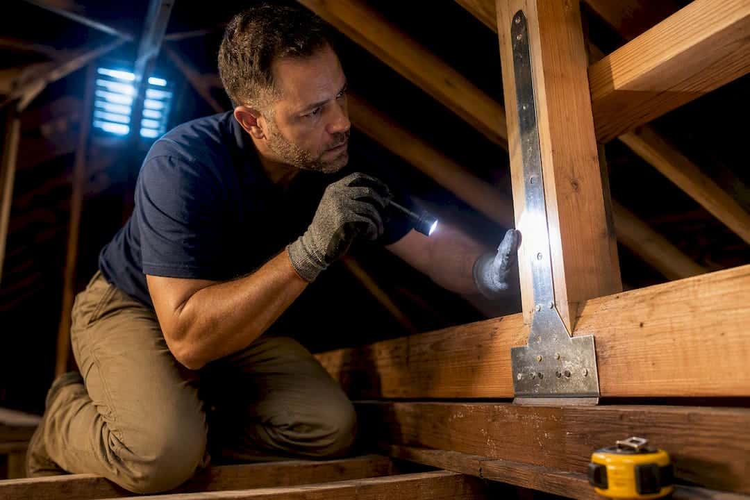 Contractor inspecting hurricane strap in attic