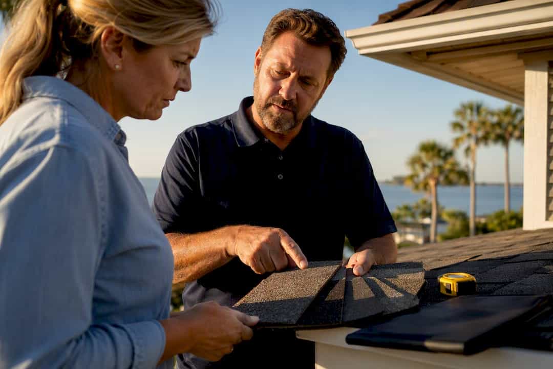 Homeowner reviewing roofing materials with contractor