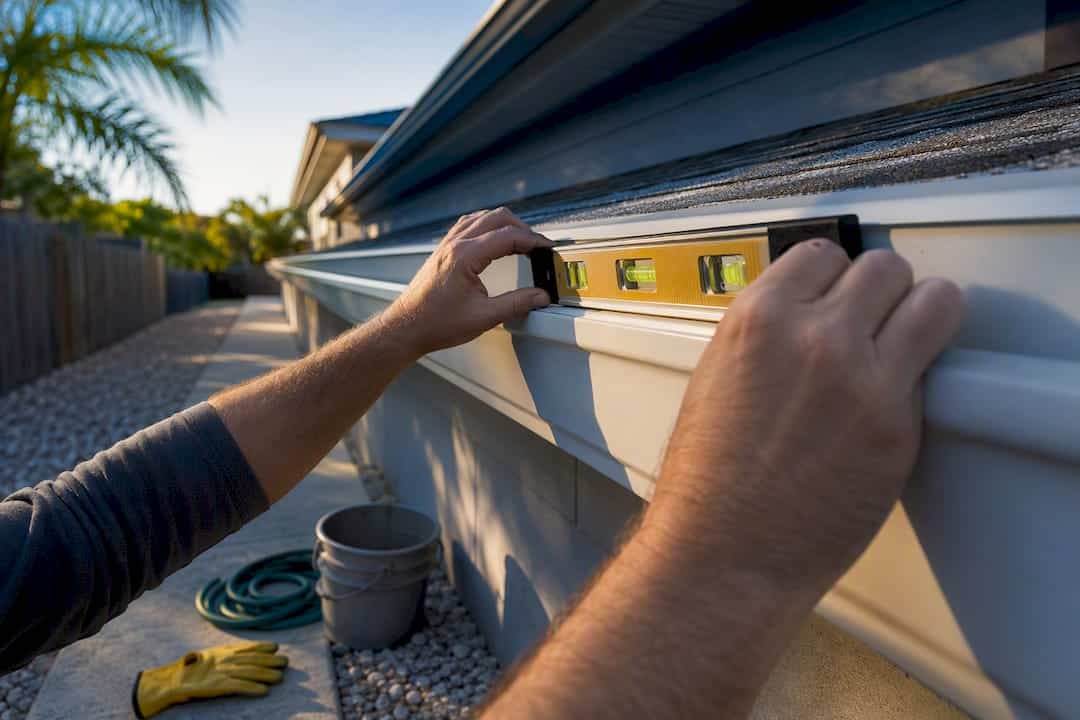Hands checking gutter slope with a level