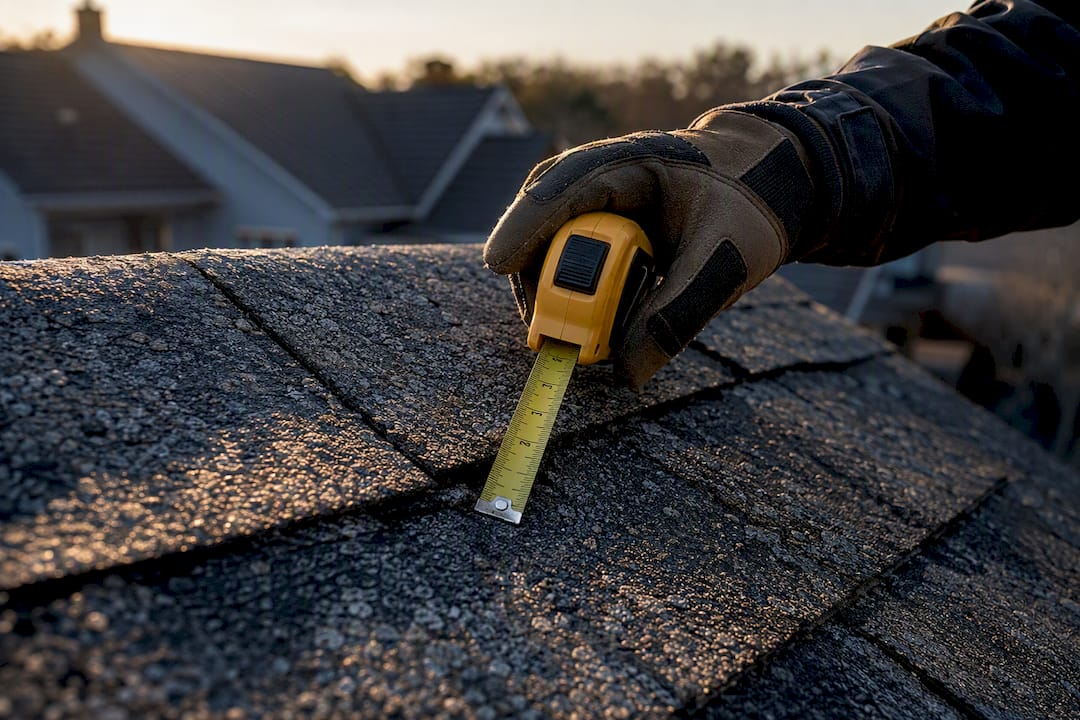 Contractor measuring weathered roof shingles