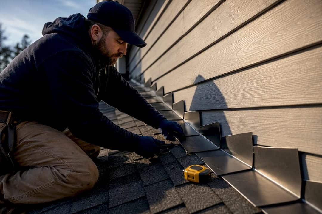Step flashing installed at roof wall junction
