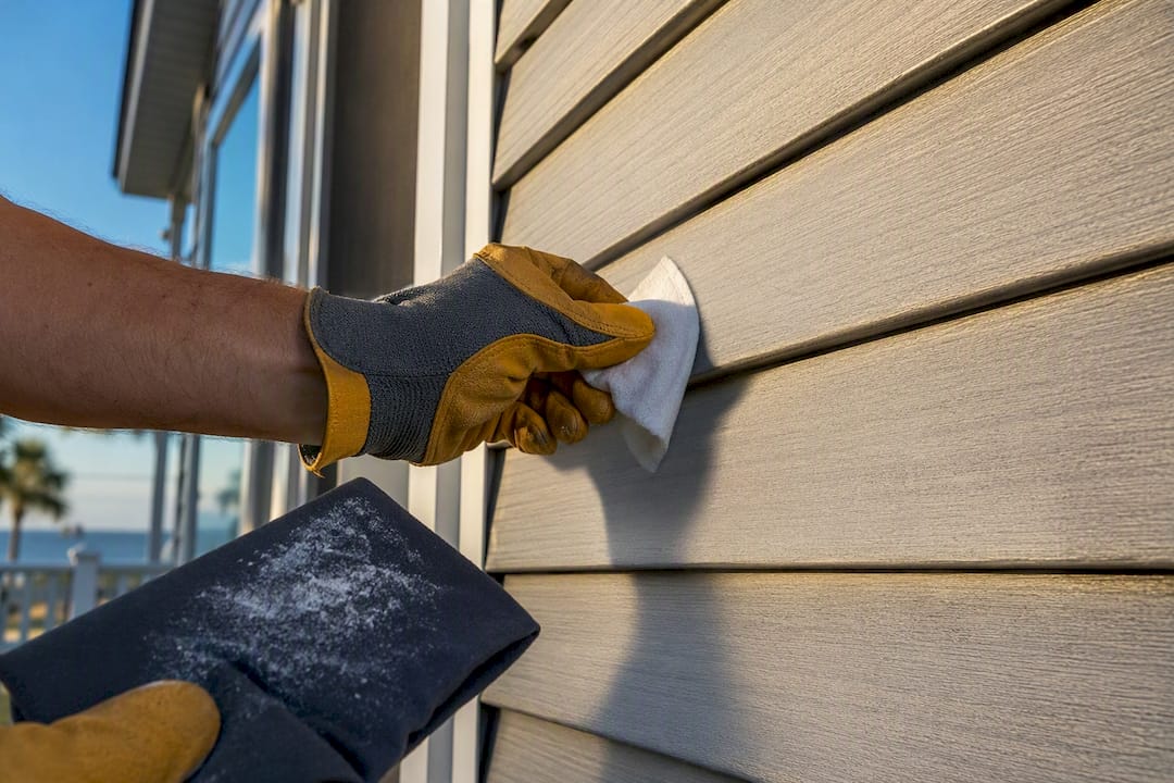 Hand wiping chalky vinyl siding panel