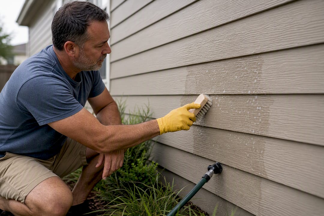 Soft brush cleaning exterior siding gently